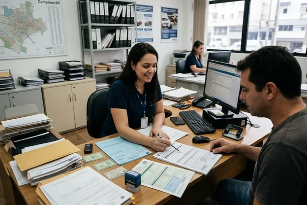 Despachante auxiliando cliente com documentação para 1º emplacamento.